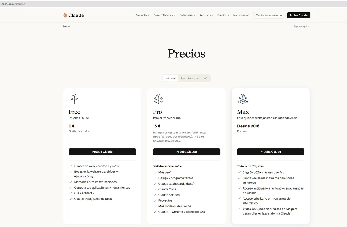 Página de precios de Claude con los planes Free, Pro y Max