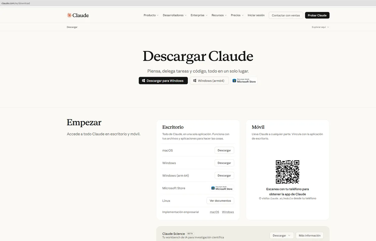 Página de descarga de Claude con el botón «Descargar para Windows»