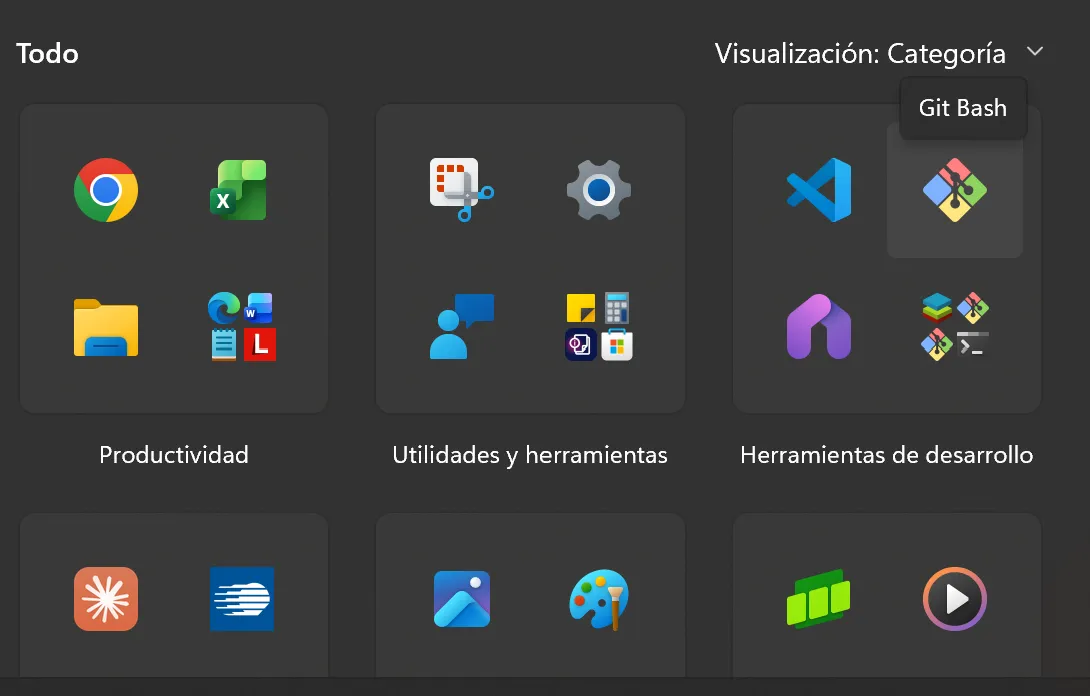 Menú Inicio de Windows con Git Bash en las herramientas de desarrollo