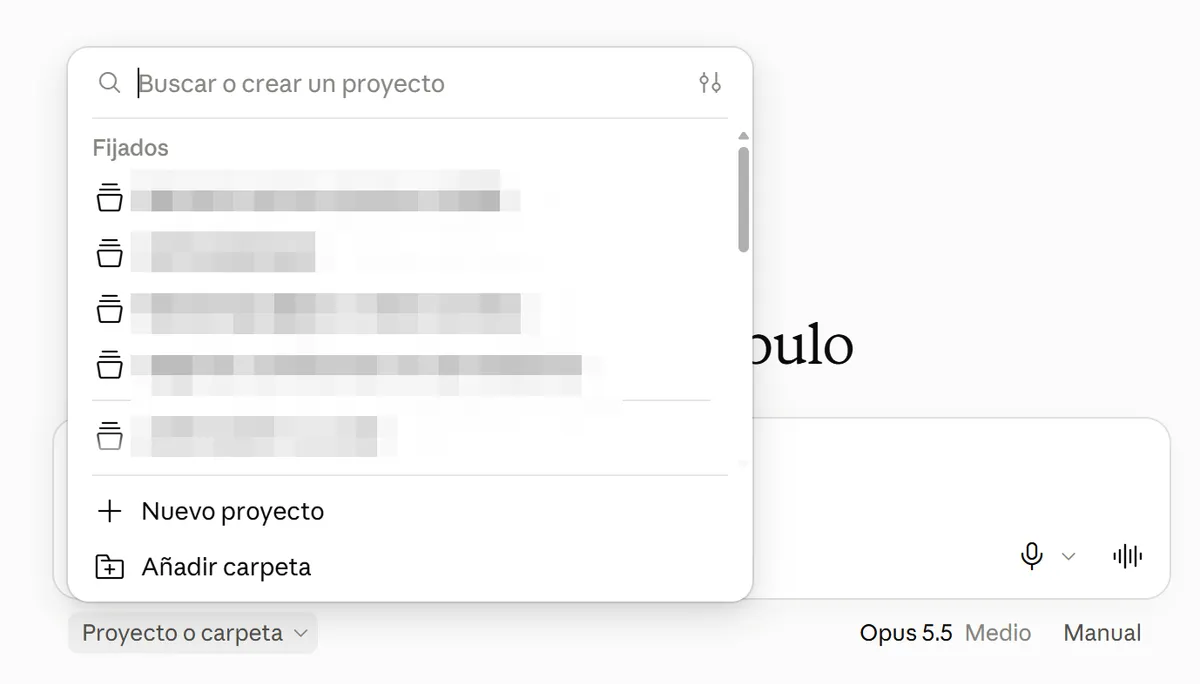 Menú de «Proyecto o carpeta» con las opciones «Nuevo proyecto» y «Añadir carpeta»