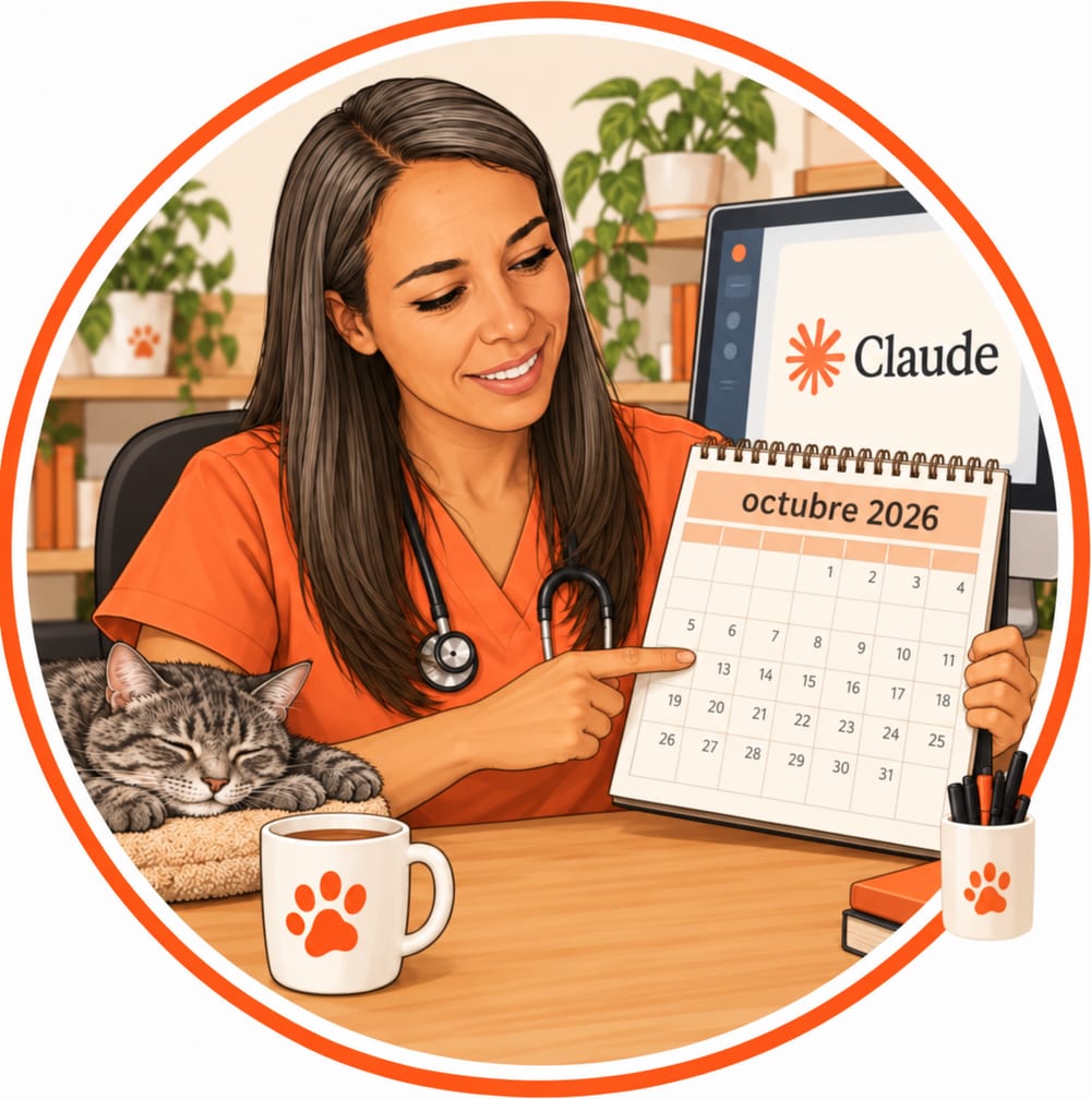Caricatura de la autora con su uniforme, señalando el calendario de octubre de 2026 junto a un gato