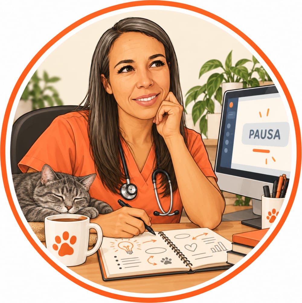 Caricatura de la autora con su uniforme, pensando un proyecto en pausa junto a un gato