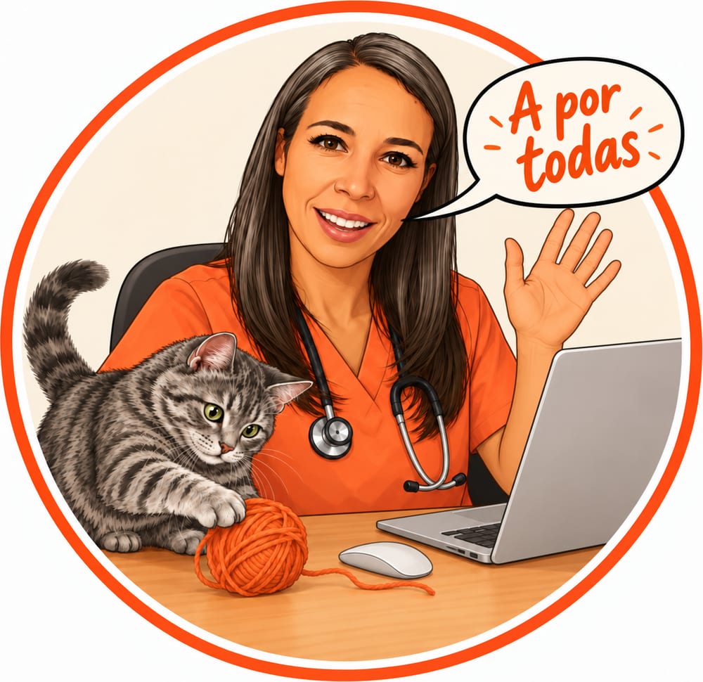 A por todas: caricatura de la autora con su uniforme, saludando junto a un gato
