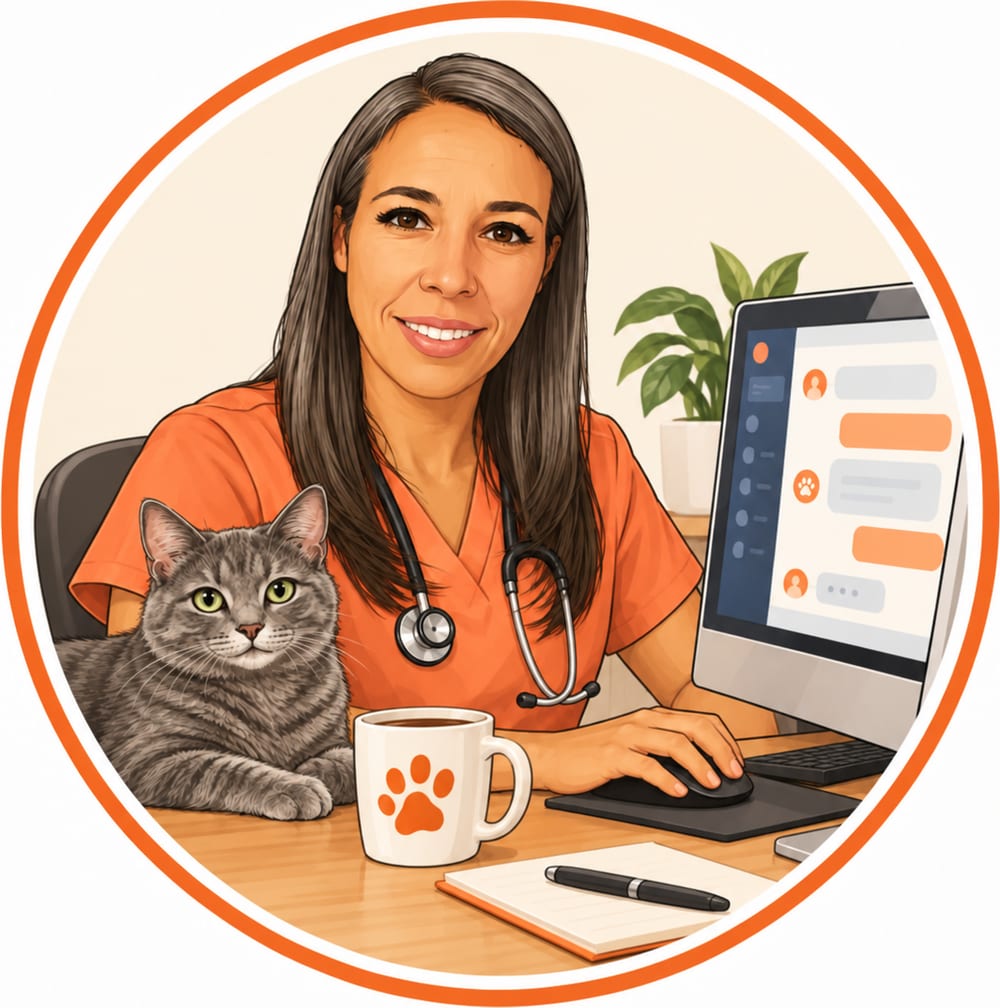 Caricatura de la autora con su uniforme, trabajando con Claude junto a un gato